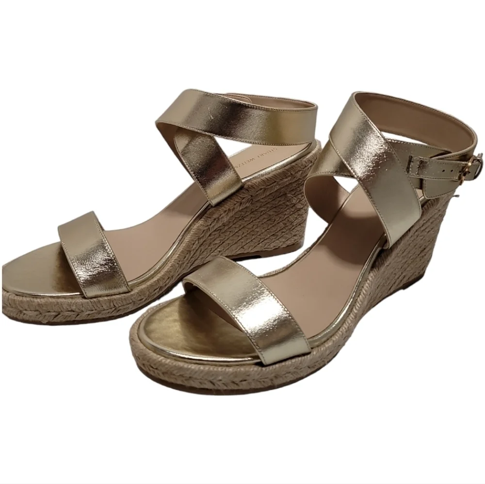 Stuart Weitzman Lexia Gold Metallic Leather Espadrille Buckle Wedges 10